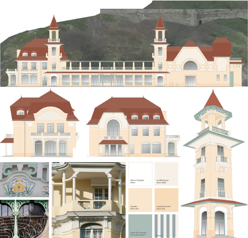 Granville, restauration couleur du clos et couvert du Casino dans son état de classement Art Déco architecture designer coloriste a3dc atelier 3D couleur