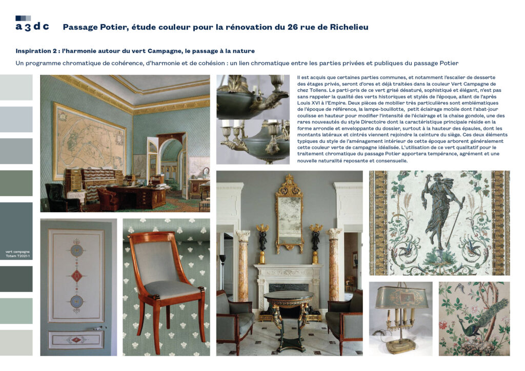 Projet de mise en couleur pour la rénovation du passage Potier à Palais Royal Paris par a3dc agence de design couleur en France - Atelier 3D couleur designer coloriste planche tendance verte