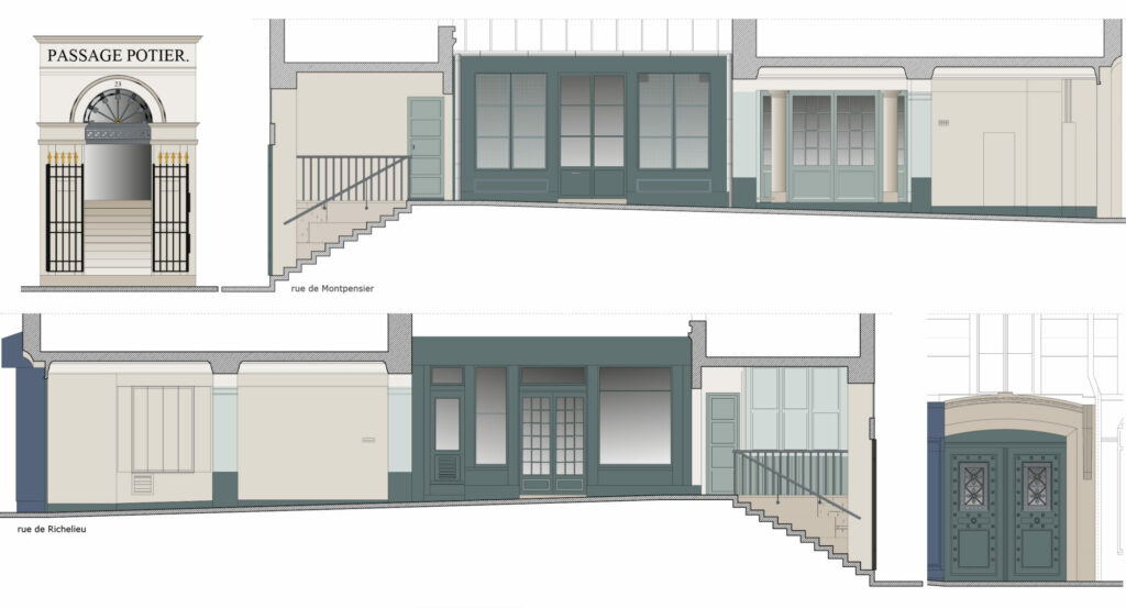 Projet de mise en couleur pour la rénovation du passage Potier à Palais Royal Paris par a3dc agence de design couleur en France - Atelier 3D couleur designer coloriste dessin vert