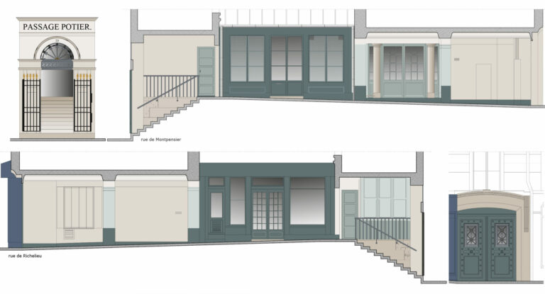 Projet de mise en couleur pour la rénovation du passage Potier à Palais Royal Paris par a3dc agence de design couleur en France - Atelier 3D couleur designer coloriste dessin vert