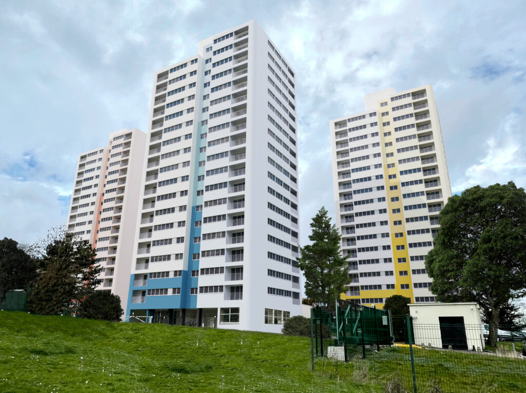 Projet simulation Réhabilitation et rénovation par la couleur des façades et de l'architecture de la résidence Colline de la Boissière par a3dc la première agence de design coloriste en France. atelier 3D couleur