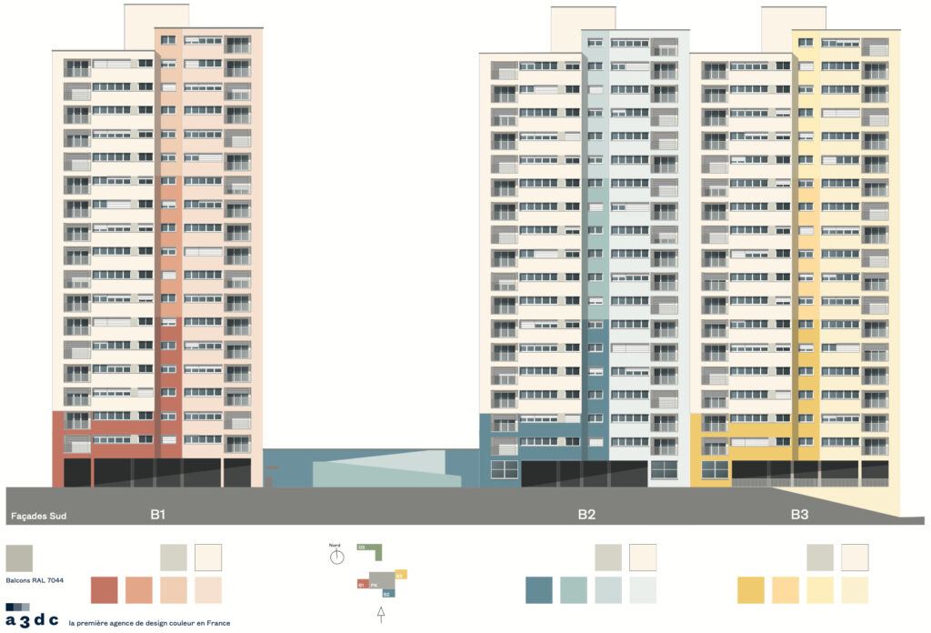 Projet Réhabilitation et rénovation par la couleur des façades et de l'architecture de la résidence Colline de la Boissière par a3dc la première agence de design coloriste en France. atelier 3D couleur