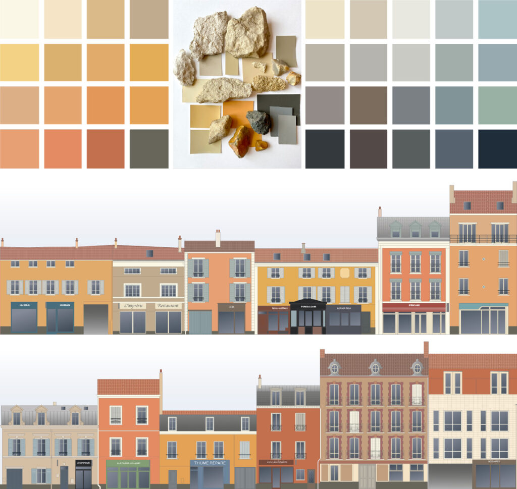 Charte couleur, schéma directeur de la coloration des façades du quai de la république de la ville de Conflans-Sainte-Honorine par a3dc atelier 3D couleur première agence de design couleur en France.