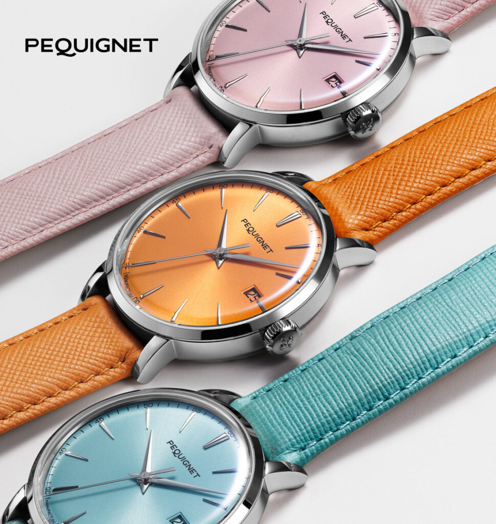 Collection couleur Douce France des montres Pequignet Attitude par a3dc première agence de design couleur en France. Rose Festival - Orange Provence - Bleu Océan