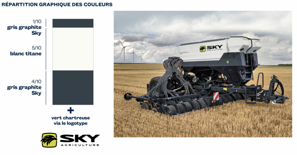 Couleur de marque, machine agricole sky Agriculture image de répartition graphique des couleurs blanc titane et gris graphite par a3dc la première agence de design couleur en France